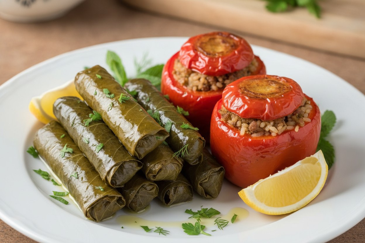 Zeytinyağlı yaprak sarma ve biber dolması tabağı